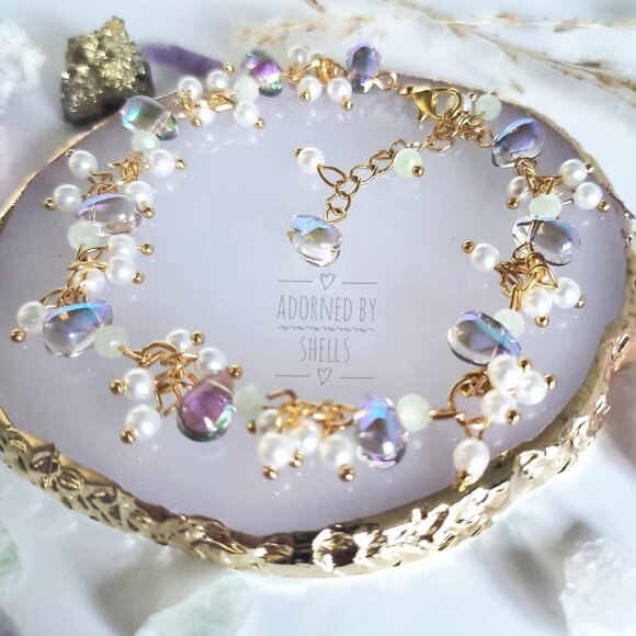 Charms Beaded Bracelet, Blue Mint Green Teardrop Crystals & Pearls Gold Jewelry - Picture 3 of 11